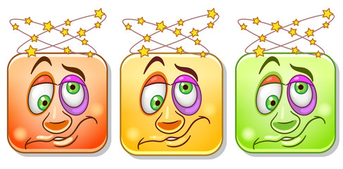 Dizzy Emoji face with headache and spinning stars. Emoticons collection. Colorful smiley set. Avatar symbol, internet message or chat icon, sign for web mobile app, logo, label, patch, sticker.