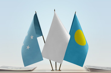 Flags of Federated States of Micronesia and Palau with a white flag in the middle