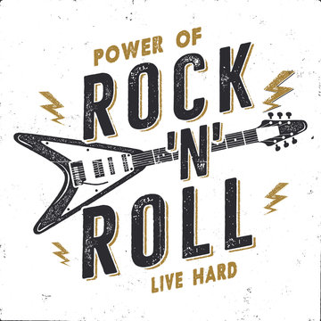 Vintage Hand Drawn Rock n Roll Poster, Rock Music Poster. Hard Music Tee Graphics Design. Rock Music T-Shirt. Power of Rock n Roll quote. Stock vector retro wallpaper, emblem isolated on white