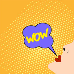 Mouth with speech bubble. Wow and women's lips for advertising or posters in the style of pop art