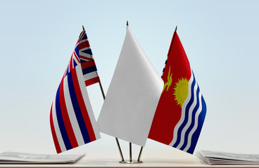 Flags of Hawaii and Kiribati with a white flag in the middle