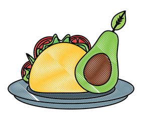 dish with taco and half avocado icon over white background, colorful design. vector illustration