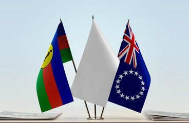Flags of New Caledonia and Cook Islands with a white flag in the middle