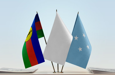 Flags of New Caledonia and Federated States of Micronesia with a white flag in the middle