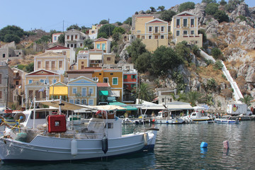 Beautiful yachts, bright houses, the sea is Rhodes.