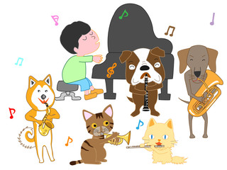 犬と猫のコンサート。子供とペットが歌ったり、楽器を演奏している。