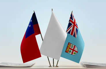 Flags of Samoa and Fiji with a white flag in the middle