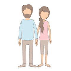 light color caricature faceless full body couple woman with ponytail side hair and man in casual clothing vector illustration