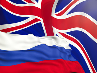 flag of the Russian Federation against the background of the English flag, the conflict of sanctions and aggression of Russia