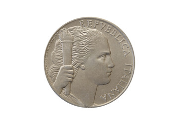 Italian out of circulation coin. 5 vintage lira dated 1948. Uncirculated collectible isolated on white background.