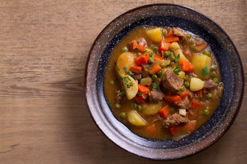 Traditional Irish lamb stew. Nutritious savory dish, popular in Ireland. View from above, top