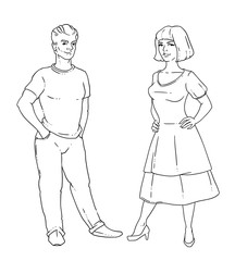 Vector illustration of a young married couple. A woman and a man smile and stand up.