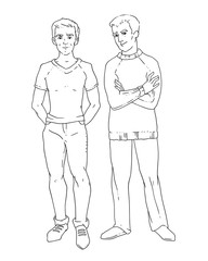 Vector illustration of a pair of young people. Two gay people smile.