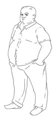 Vector illustration of a bald man with obesity. The fat man stands with his hands in his pockets.