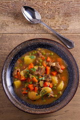 Traditional Irish lamb stew. Nutritious savory dish, popular in Ireland. View from above, top