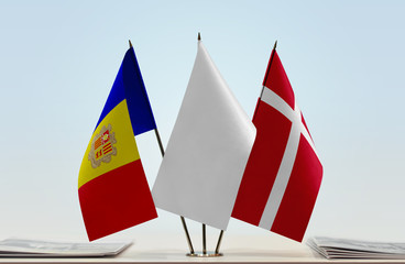 Flags of Andorra and Denmark with a white flag in the middle