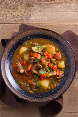 Traditional Irish lamb stew. Nutritious savory dish, popular in Ireland. View from above, top