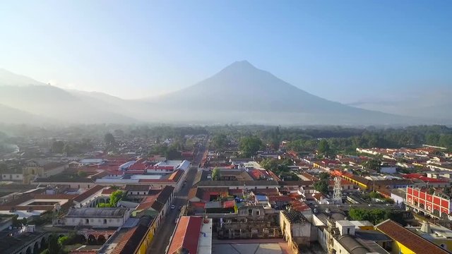 Beautiful aerial shot over the colonial Central American city of Antigua, Guatemala.