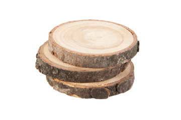Sawed wood isolated on white. Wooden coasters