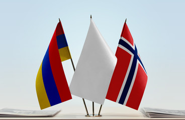 Flags of Armenia and Norway with a white flag in the middle