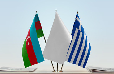 Flags of Azerbaijan and Greece with a white flag in the middle