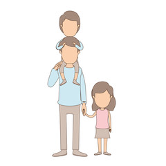 light color caricature faceless dad with boy on his back and girl taken hands vector illustration