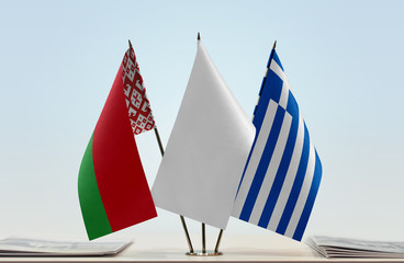 Flags of Belarus and Greece with a white flag in the middle