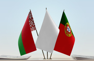 Flags of Belarus and Portugal with a white flag in the middle