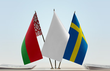 Flags of Belarus and Sweden with a white flag in the middle