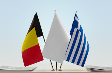 Flags of Belgium and Greece with a white flag in the middle