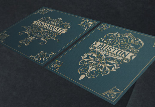 2 Ornate Vintage Labels with Blue and Gold Accents