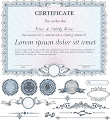Blue horizontal certificate template with additional design elements