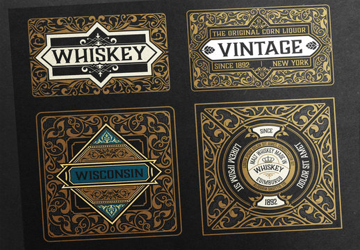 4 Intricate Vintage Labels with Gold Accents