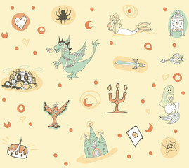 Fantastic children's pattern with a phoenix, dragon, castle and mermaids in in warm tones