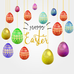 Easter eggs composition, hand drawn black inscription. Easter banner background template with beautiful colorful eggs. Vector illustration.