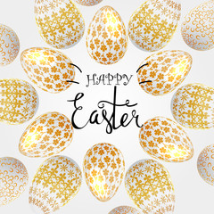 Easter eggs composition, hand drawn black inscription. Easter banner background template with beautiful colorful eggs. Vector illustration.