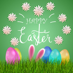 Easter eggs composition, hand drawn black inscription. Easter banner background template with beautiful colorful eggs. Vector illustration.