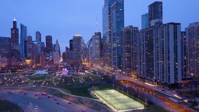 Beautiful aerial shots of Chicago Illinois downtown city at night.