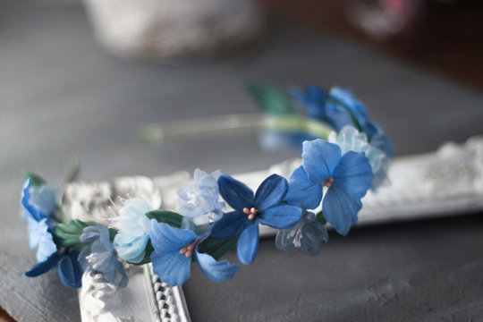 Blue Silk Flower Wedding Bryde Headband Wreath Ridesmaids