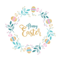 Easter wreath with Easter eggs, flowers, leaves and branches on white background. Decorative frame with gold elements. Unique design for your greeting cards, banners, flyers. Vector in modern style.