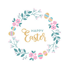 Easter wreath with Easter eggs, flowers, leaves and branches on white background. Decorative frame with gold elements. Unique design for your greeting cards, banners, flyers. Vector in modern style.