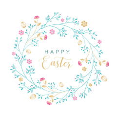 Easter wreath with Easter eggs, flowers, leaves and branches on white background. Decorative frame with gold elements. Unique design for your greeting cards, banners, flyers. Vector in modern style.