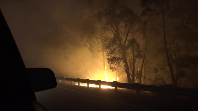 POV from a car during a massive wildfires in Australia.