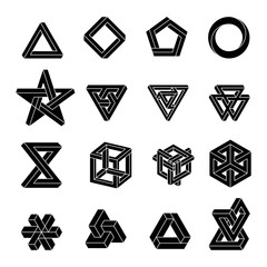 Set of impossible shapes. Optical Illusion. Vector Illustration isolated on white. Sacred geometry. White shapes on a black background.