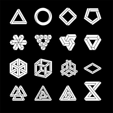 Set of impossible shapes. Optical Illusion. Vector Illustration isolated on white. Sacred geometry. White shapes. on a black background.
