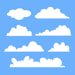 Cloud vector icon set white color on blue background. Sky flat illustration collection for web