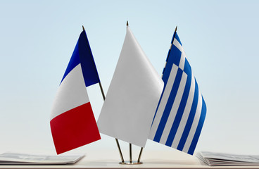 Flags of France and Greece with a white flag in the middle
