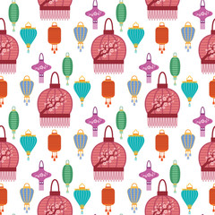 Chinese lantern light paper holiday celebrate asian graphic celebration lamp seamless pattern background vector illustration.