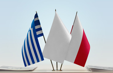 Flags of Greece and Poland with a white flag in the middle