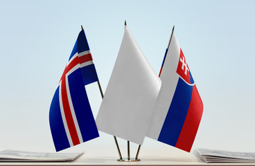 Fototapeta na wymiar Flags of Iceland and Slovakia with a white flag in the middle
